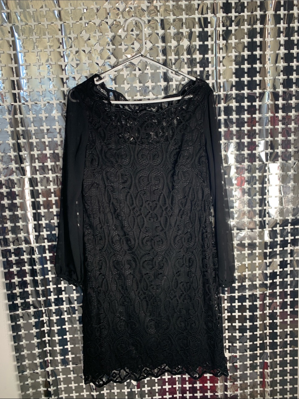 Adrianna Papell Black Crochet Lace Long-Sleeve Dress with Sheer Sleeves